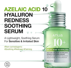 Anua Azelaic Acid 10 Hyaluron Redness Soothing Serum, Facial Serum for Sensitive skin, Hyaluronic Acid, Niacinamide, Spot Care, Natural Color, Vegan, Korean Skincare (30ml/ 1.01 fl oz.)