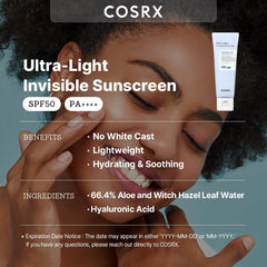 COSRX Ultra-Light Invisible Sunscreen | SPF50 PA++++, No White Cast, Lightweight & Fast-Absorbing, UV Protection, Hydration boost sunscreen for Sun-Damaged, dry skin. Aloe and Witch Hazel leaf water