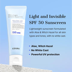 COSRX Ultra-Light Invisible Sunscreen | SPF50 PA++++, No White Cast, Lightweight & Fast-Absorbing, UV Protection, Hydration boost sunscreen for Sun-Damaged, dry skin. Aloe and Witch Hazel leaf water