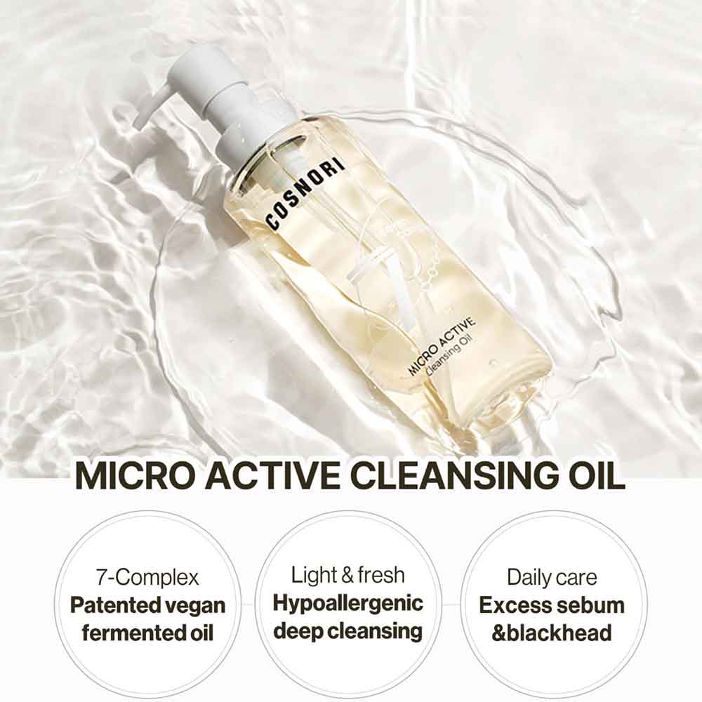 COSNORI Micro Active Cleansing Oil 200ml | Korean Vegan Facial Cleansing Oil, Fresh and Light Finish – Gentle Makeup Remover for Face, Hypoallergic, Fermented 7-Oil Complexes, 6.7 fl.oz.