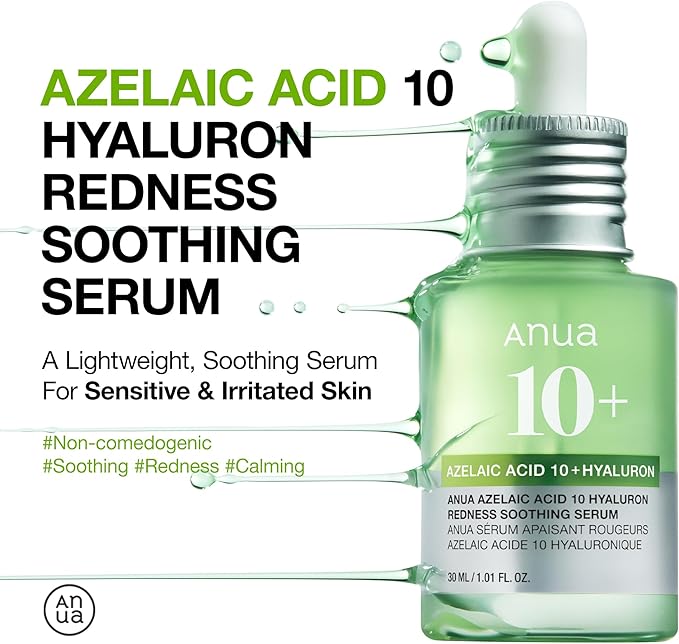 Anua Azelaic Acid 10 Hyaluron Redness Soothing Serum, Facial Serum for Sensitive skin, Hyaluronic Acid, Niacinamide, Spot Care, Natural Color, Vegan, Korean Skincare (30ml/ 1.01 fl oz.)