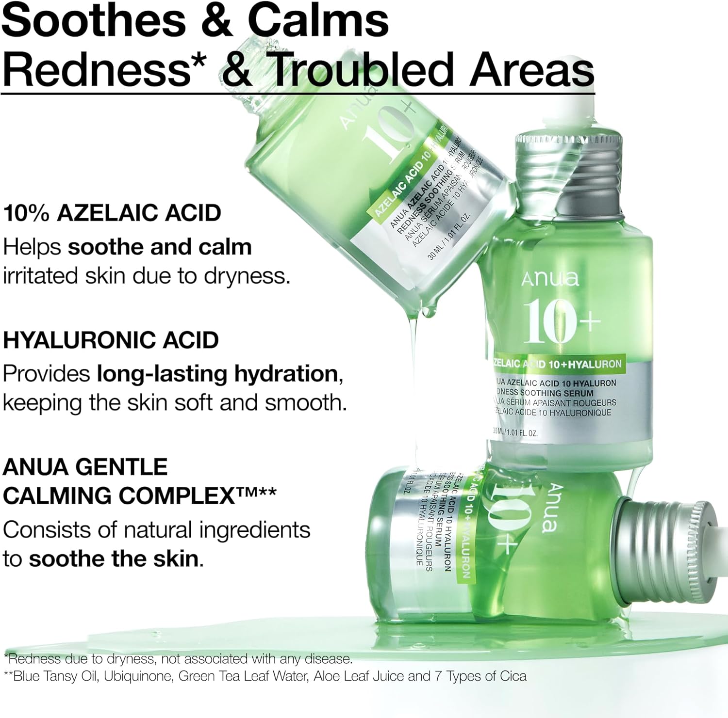 Anua Azelaic Acid 10 Hyaluron Redness Soothing Serum, Facial Serum for Sensitive skin, Hyaluronic Acid, Niacinamide, Spot Care, Natural Color, Vegan, Korean Skincare (30ml/ 1.01 fl oz.)