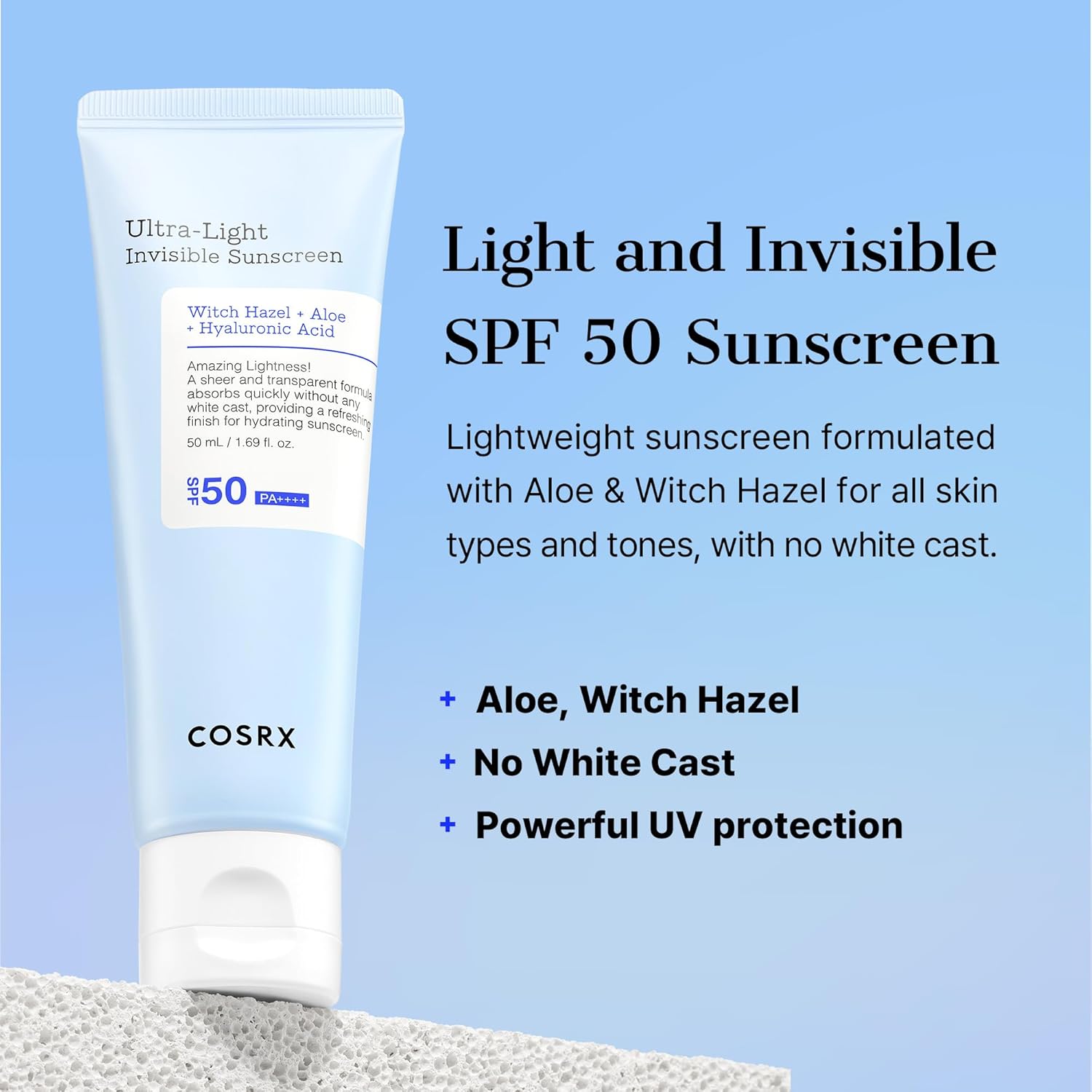 COSRX Ultra-Light Invisible Sunscreen | SPF50 PA++++, No White Cast, Lightweight & Fast-Absorbing, UV Protection, Hydration boost sunscreen for Sun-Damaged, dry skin. Aloe and Witch Hazel leaf water