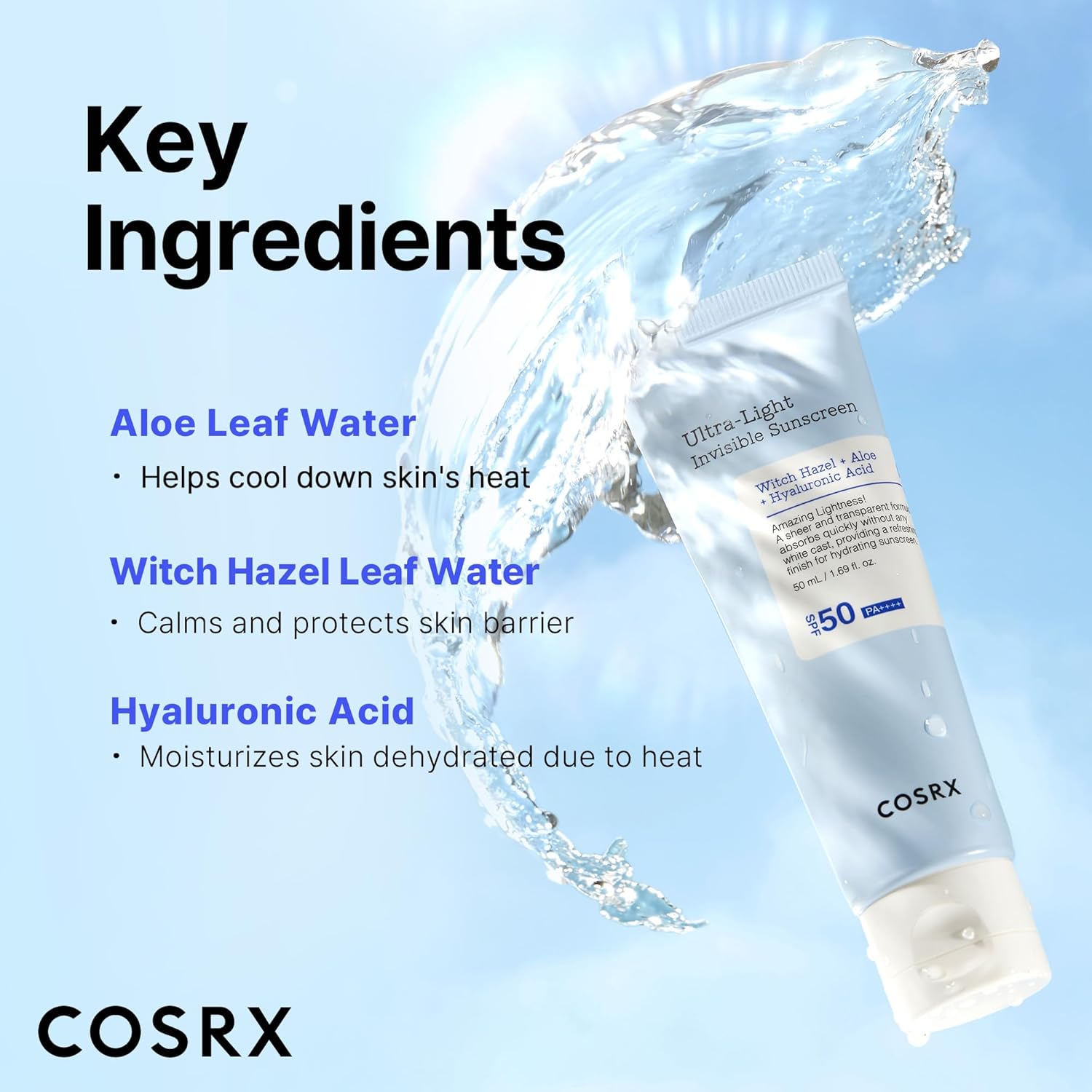 COSRX Ultra-Light Invisible Sunscreen | SPF50 PA++++, No White Cast, Lightweight & Fast-Absorbing, UV Protection, Hydration boost sunscreen for Sun-Damaged, dry skin. Aloe and Witch Hazel leaf water