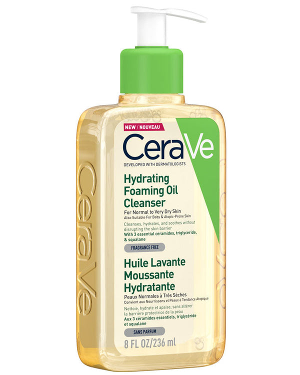 CeraVe Hydrating Foaming Oil Cleanser 236ml – Gentle Oil-to-Foam Face Wash for Dry & Sensitive Skin