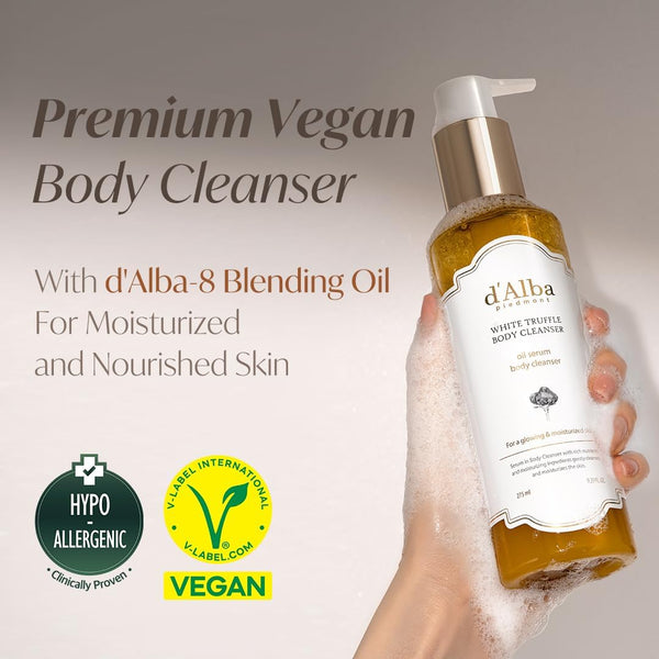 d'Alba White Truffle Oil Serum Body Cleanser – Hydrating Vegan Body Wash (275ml)  Moisturizing and Mild Formula, Rich Gentle Lather